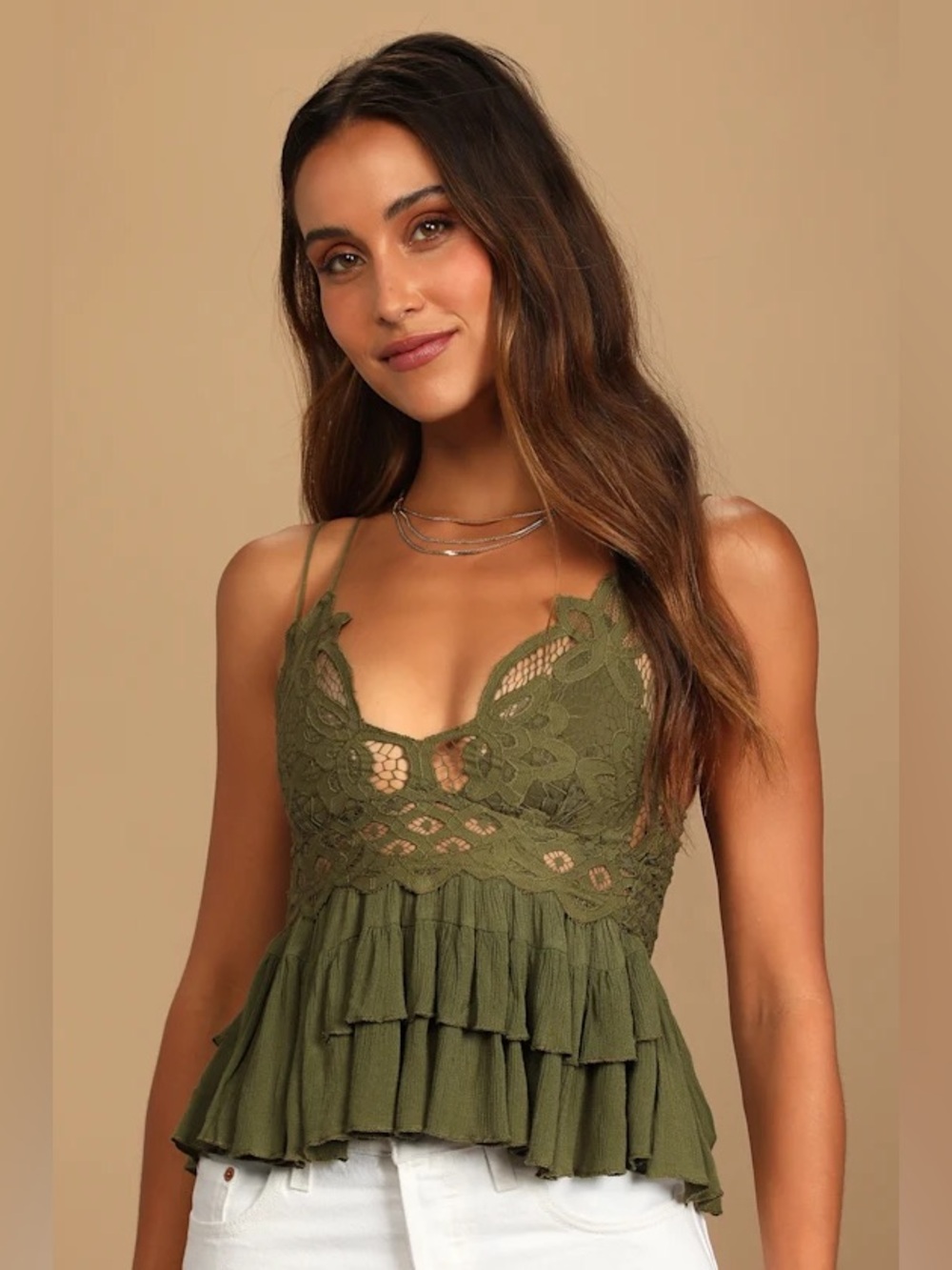 NWT Free People Adella Cami Sold Out Olive Green Lace Ruffle Tank Top Sz S $68
